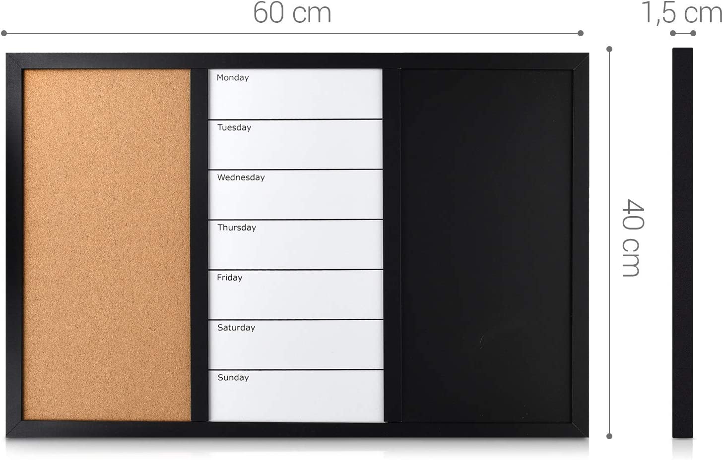 Navaris Combination Board 3 in 1 - Πίνακας 3 σε 1 με Μαυροπίνακα - Φελλό - Μαγνητικό Πίνακα 60 x 40cm - Black - 47164.01