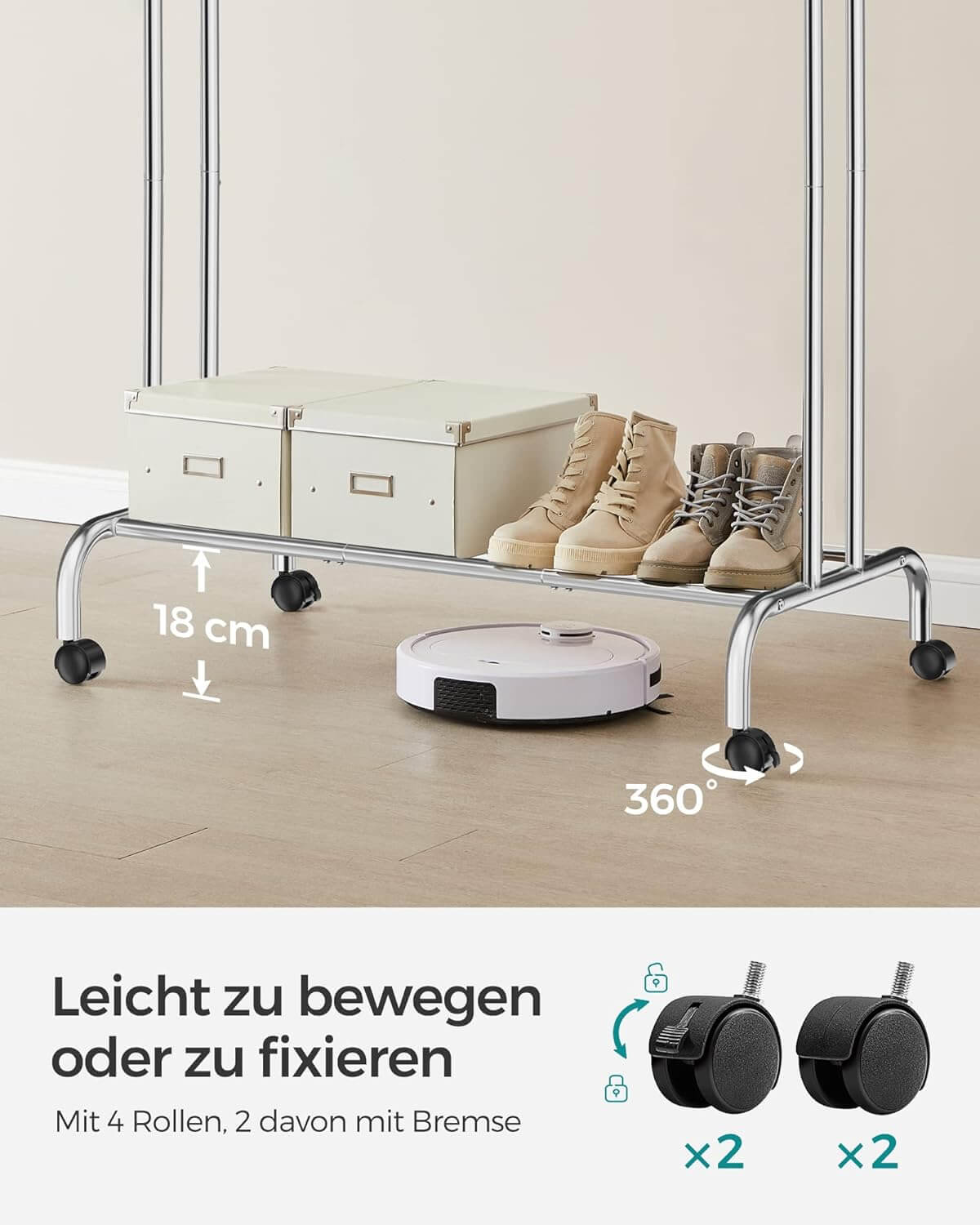 Songmics Τροχήλατη Κρεμάστρα Pούχων με 2 Pάγες και Ράφι - Ράγα Ρούχων - 52.5 x 103.5 x 155 cm - Silver - HSR107E01