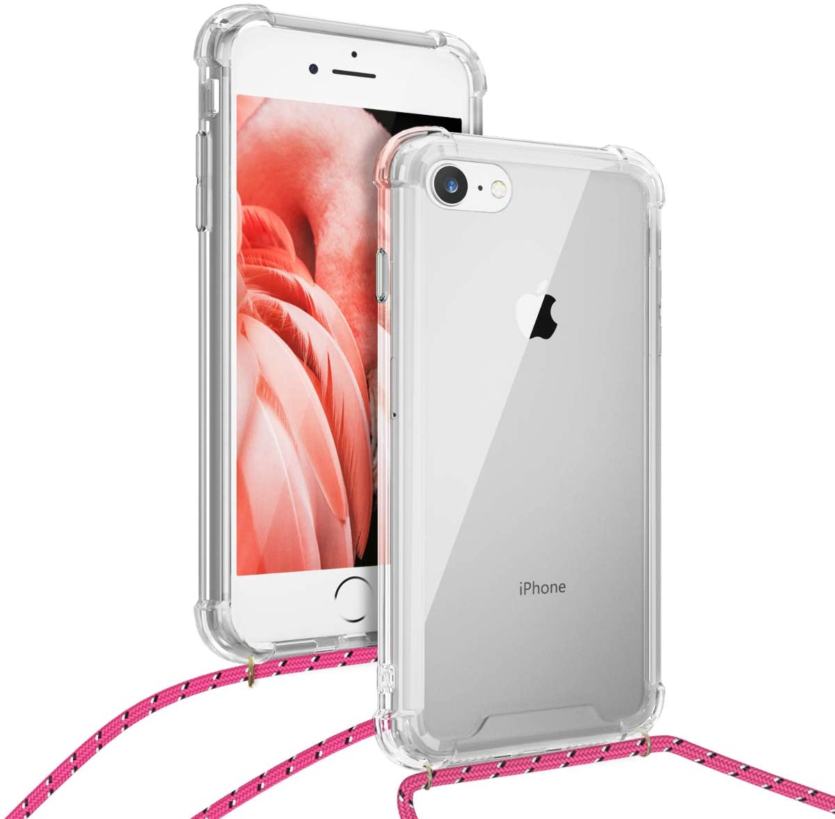 KW iPhone SE 2022 / SE 2020 / 7 / 8 Θήκη Σιλικόνης TPU με Λουράκι - Διάφανη / Fuchsia / Black - 47247.106