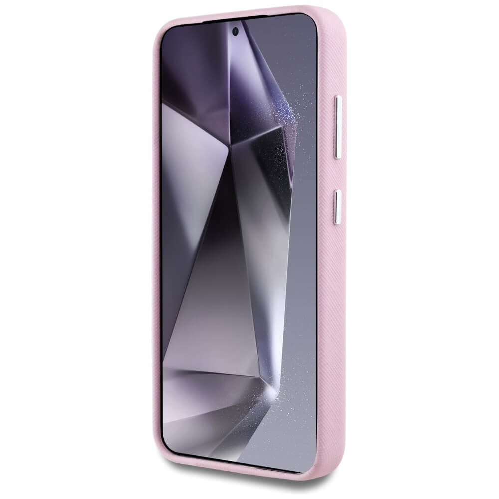 Karl Lagerfeld Samsung Galaxy S25 Plus - Saffiano Full Wrapped Elongated Metal Logo - MagSafe Σκληρή Θήκη με Επένδυση Συνθετικού Δέρματος και Πλαίσιο Σιλικόνης - Pink - KLHMS25MPSAFWMCP