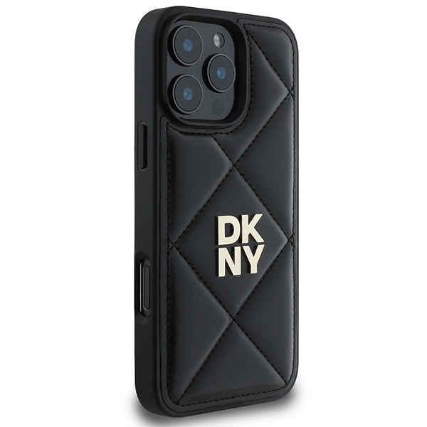 DKNY iPhone 16 Pro Max - Quilted Stack Logo Σκληρή Θήκη με Επένδυση Συνθετικού Δέρματος - Black
