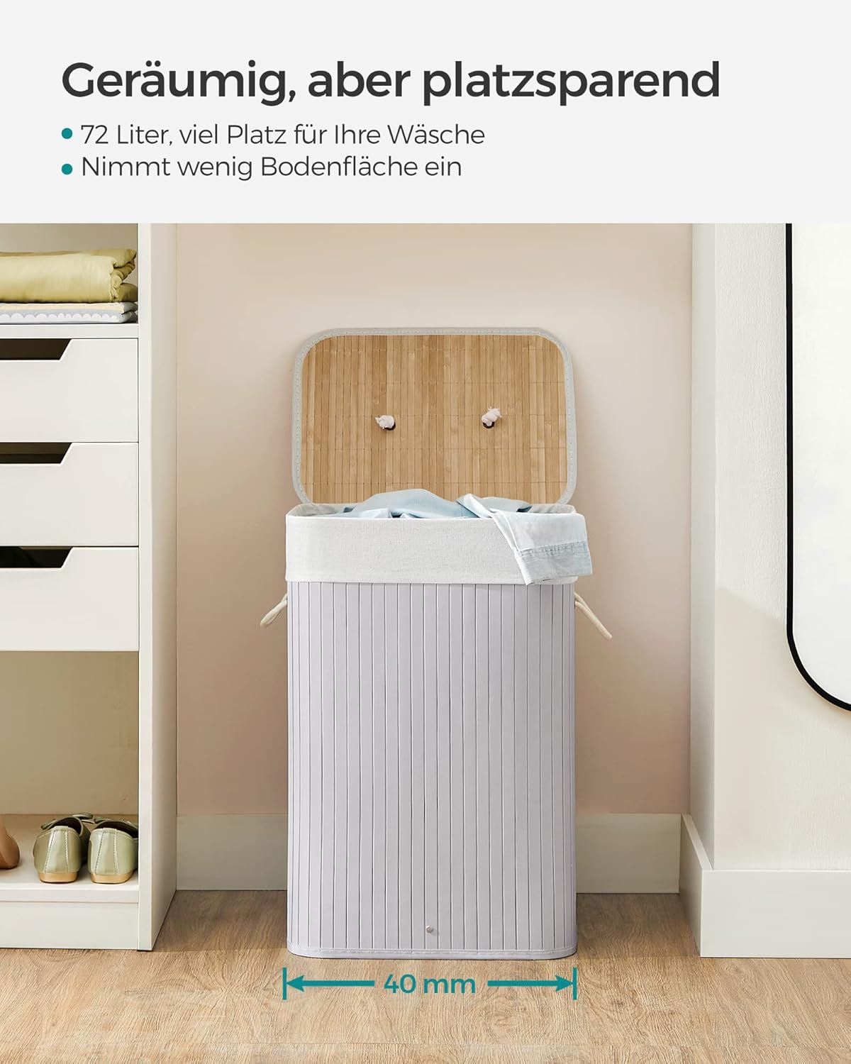 Songmics Καλάθι Απλύτων από Μπαμπού με Καπάκι - 72L - Grey - LCB010G01