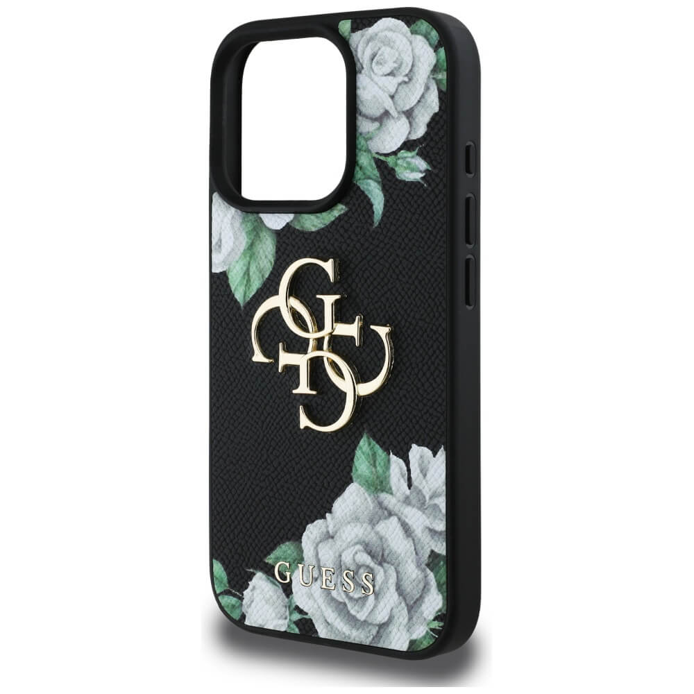 Guess iPhone 16 Pro Max - Grained Roses Big 4G Logo - Σκληρή Θήκη με Επένδυση από Οικολογικό Δέρμα - Black - GUHCP16XPGROP4MK