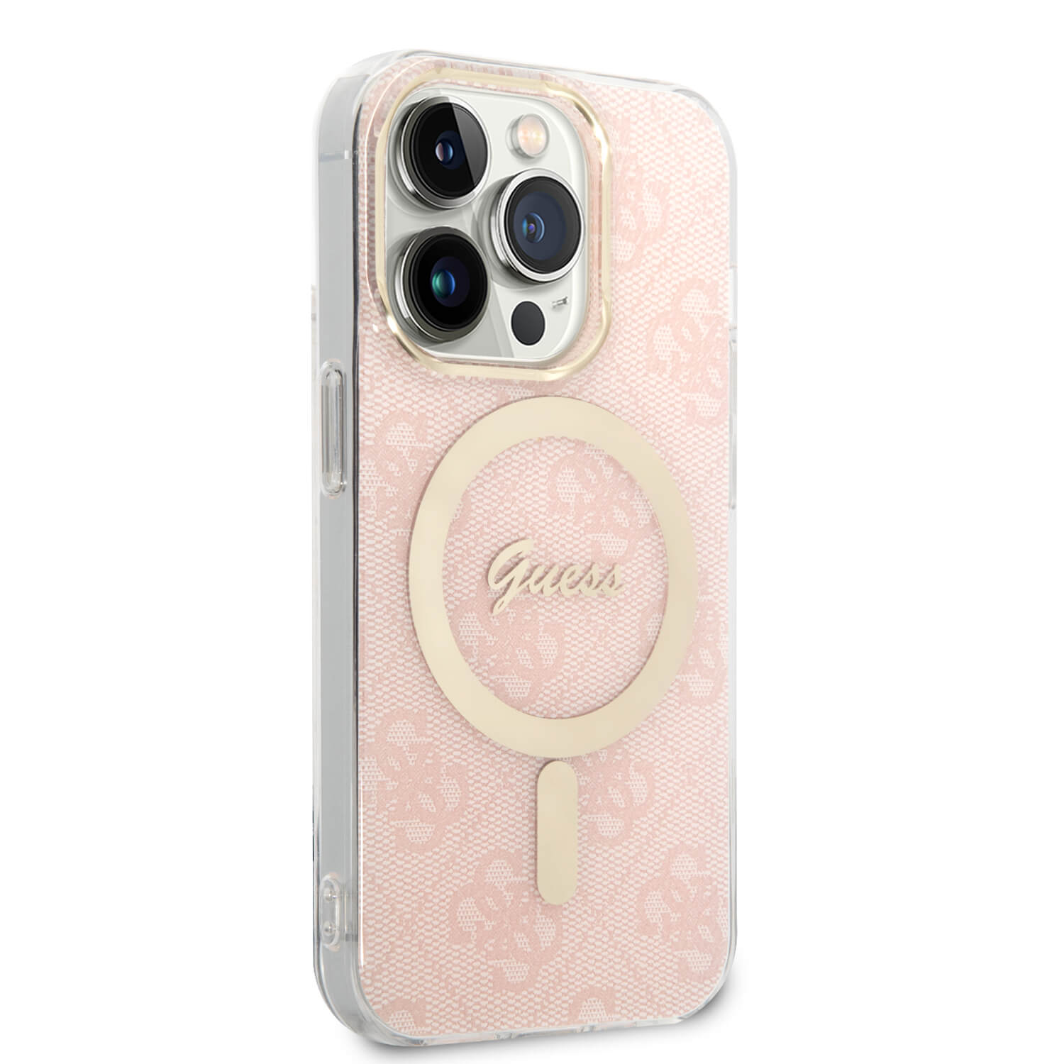 Guess iPhone 14 Pro - Bundle Pack MagSafe - Σετ Σκληρή Θήκη με Πλαίσιο Σιλικόνης και Ασύρματος Φορτιστής MagSafe - Design 4G and Gold - Pink - GUBPP14LH4EACSP