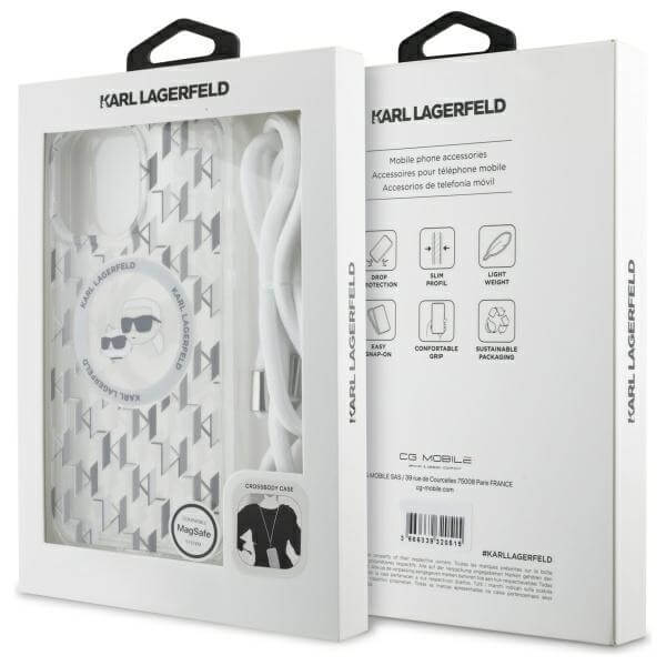 Karl Lagerfeld iPhone 16 Pro - IML Crossbody Monogram Karl and Choupette Head - MagSafe Σκληρή Θήκη με Πλαίσιο Σιλικόνης και Λουράκι - Διάφανη - KLHMP16LHCKCKLCT
