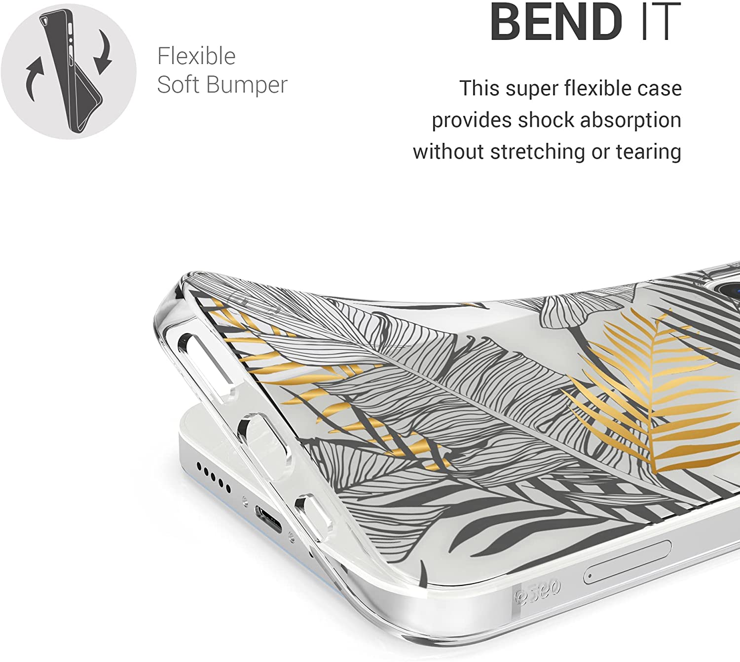 KW iPhone 12 / iPhone 12 Pro Θήκη Σιλικόνης TPU Design Palm Leaves - Διάφανη / Gold / Grey - 53035.14
