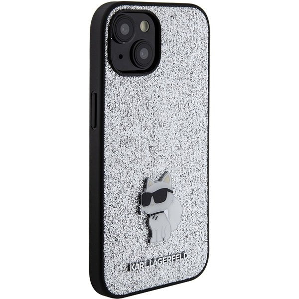 Karl Lagerfeld iPhone 15 - Glitter Choupette Logo Metal Logo Σκληρή Θήκη με Πλαίσιο Σιλικόνης - Silver - KLHCP15SGCNPSG