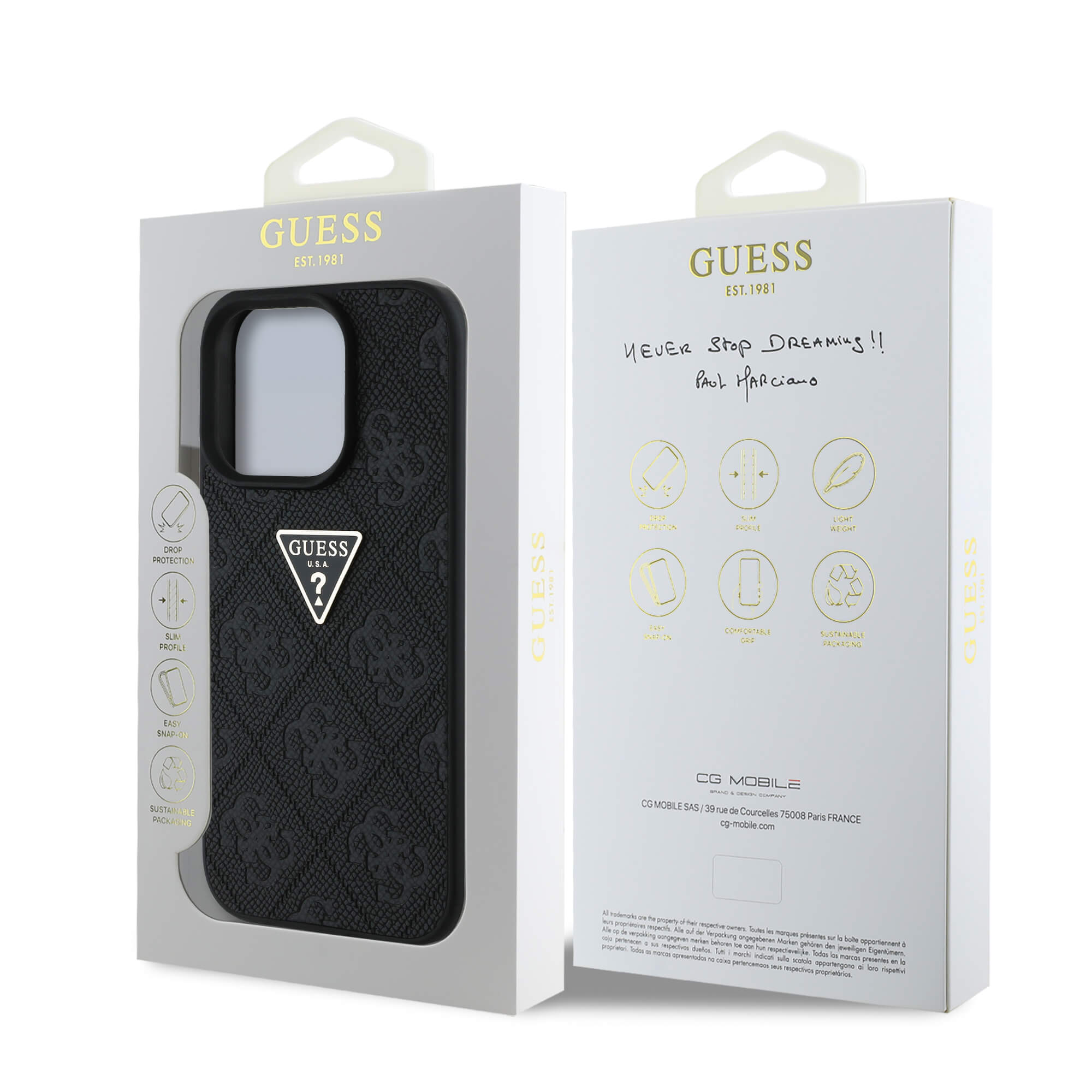 Guess iPhone 16 Pro Max - Hot Stamp 4G Pattern Triangle Metal Logo - Σκληρή Θήκη με Επένδυση Συνθετικού Δέρματος και Πλαίσιο Σιλικόνης - Black - GUHCP16XPGP4STRK