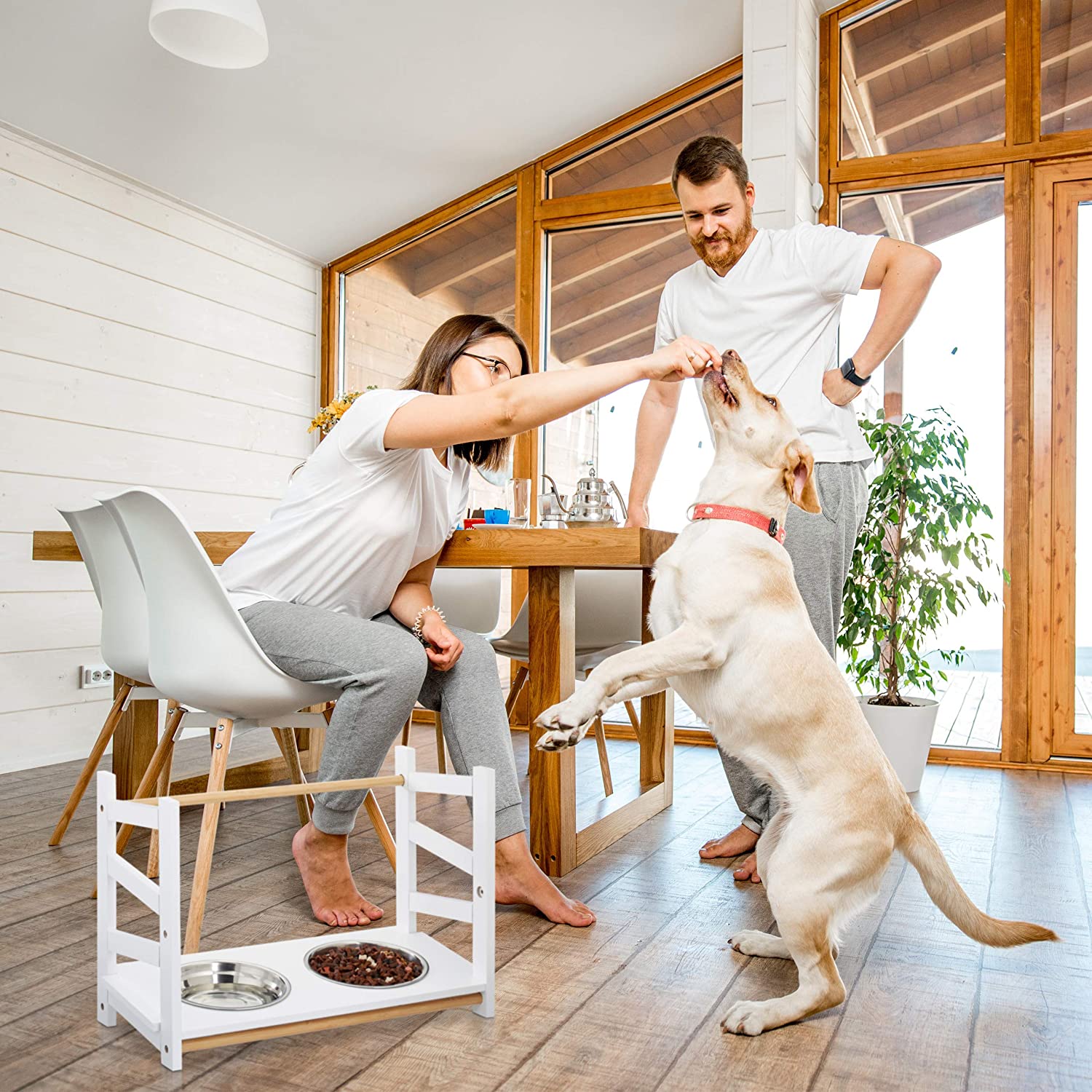 Relaxdays Ρυθμιζόμενη Ξύλινη Βάση με 2 Μπολ 1000ml από Ανοξείδωτο Ατσάλι - Large - 4052025923662