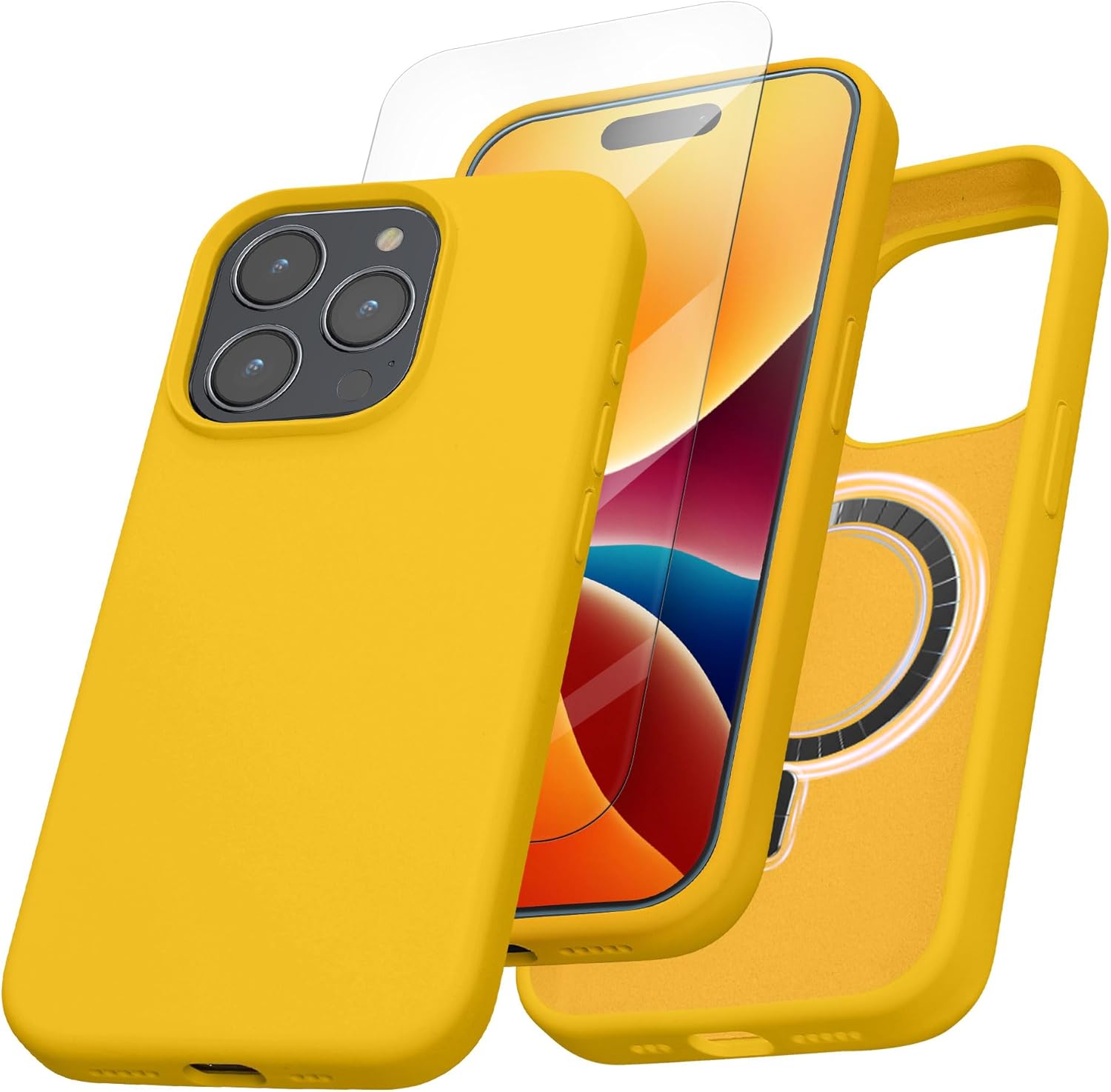 Kalibri iPhone 15 Pro Θήκη Σιλικόνης με MagSafe και 2 Αντιχαρακτικά Γυαλιά Οθόνης - Bright Yellow