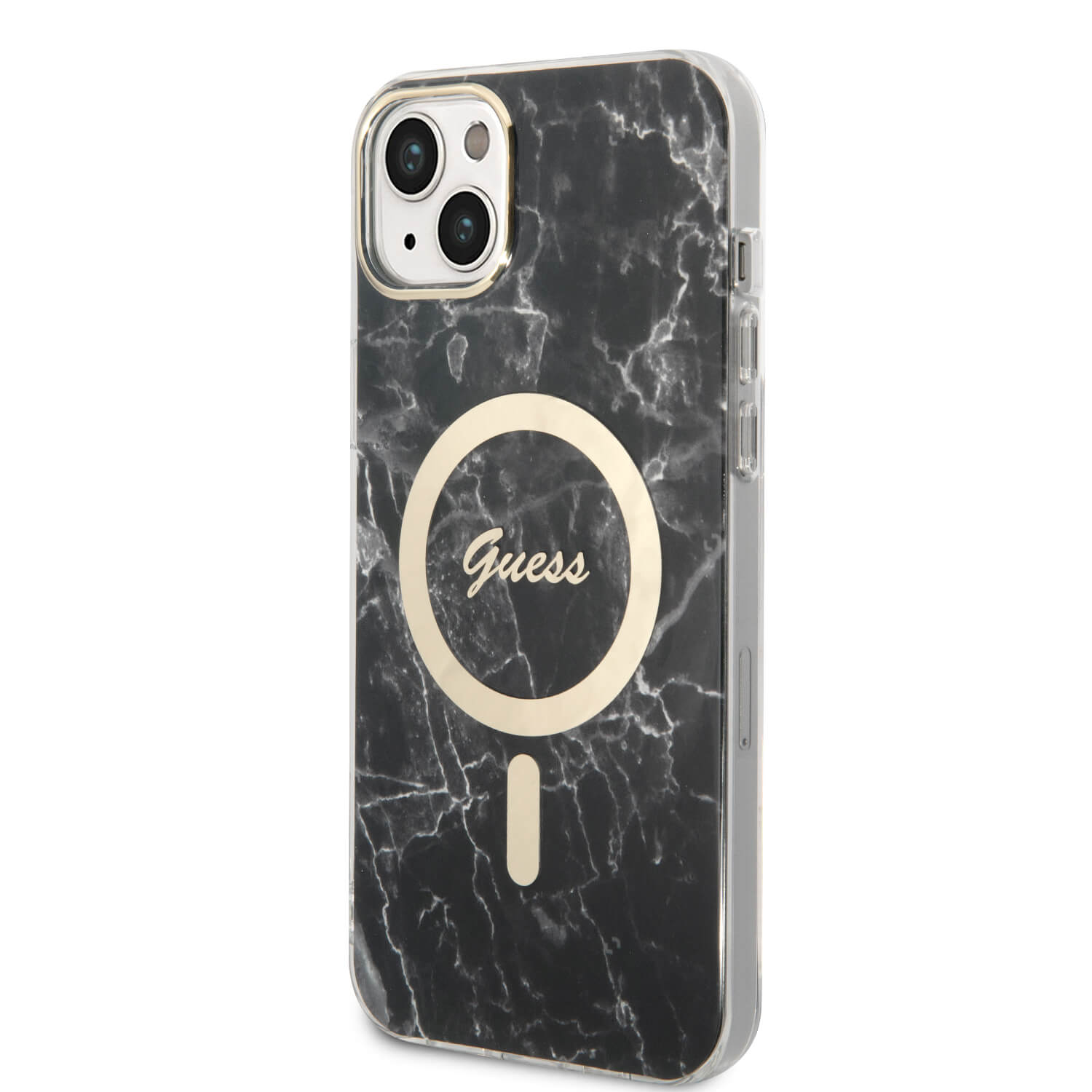 Guess iPhone 15 Plus / 14 Plus - Bundle Pack - Σετ Σκληρή Θήκη με Πλαίσιο Σιλικόνης και Ασύρματος Φορτιστής MagSafe - Design Marble MagSafe - Black - GUBPP14MHMEACSK