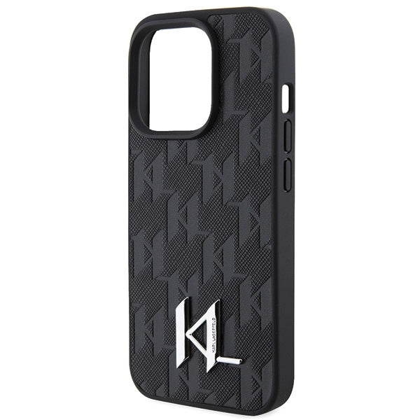 Karl Lagerfeld iPhone 15 Pro - Leather Monogram Hot Stamp Metal Logo Σκληρή Θήκη με Επένδυση Συνθετικού Δέρματος και Πλαίσιο Σιλικόνης - Black - KLHCP15PPKLPKLK