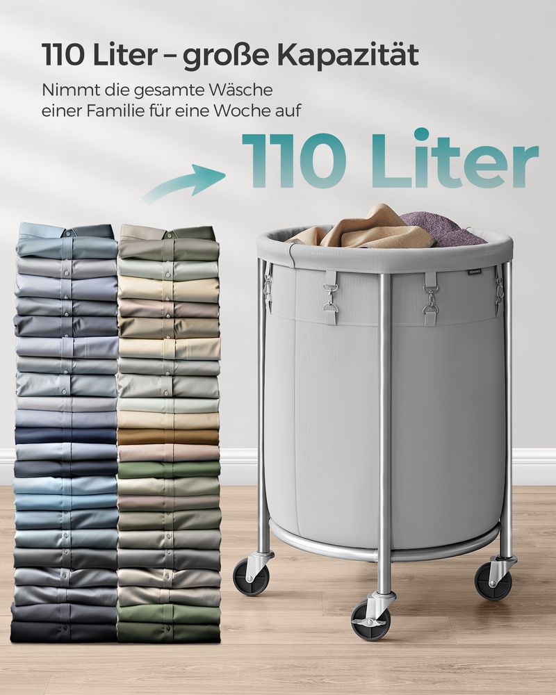 Songmics Τροχήλατο Καλάθι Απλύτων με Ατσάλινο Σκελετό και Αποσπώμενη Θήκη Ρούχων - 110L - Grey / Silver - RLS002G01