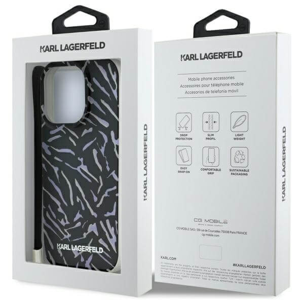 Karl Lagerfeld iPhone 16 Pro Max - Zebra with Cord - Σκληρή Θήκη με Πλαίσιο Σιλικόνης και Λουράκι - Purple - KLHCP16XHZBPKCCU