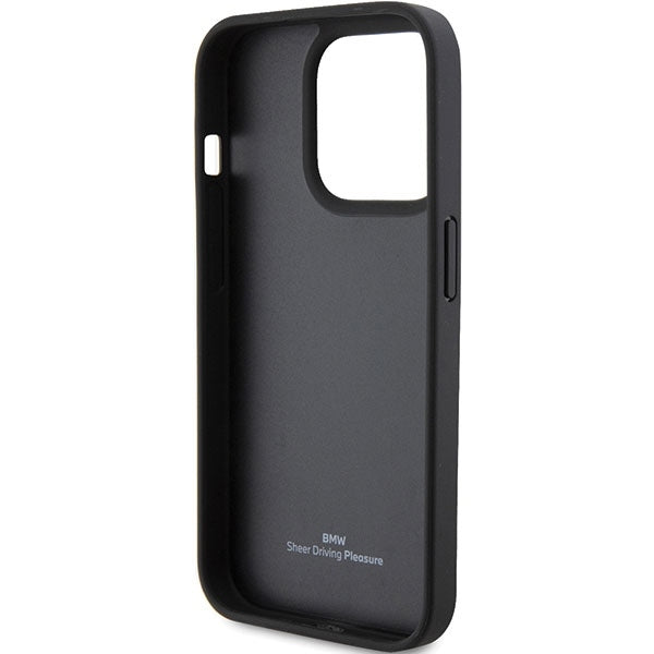 BMW iPhone 15 Pro Leather Hot Stamp Σκληρή Θήκη με Επένδυση Γνήσιου Δέρματος και Πλαίσιο Σιλικόνης - Black