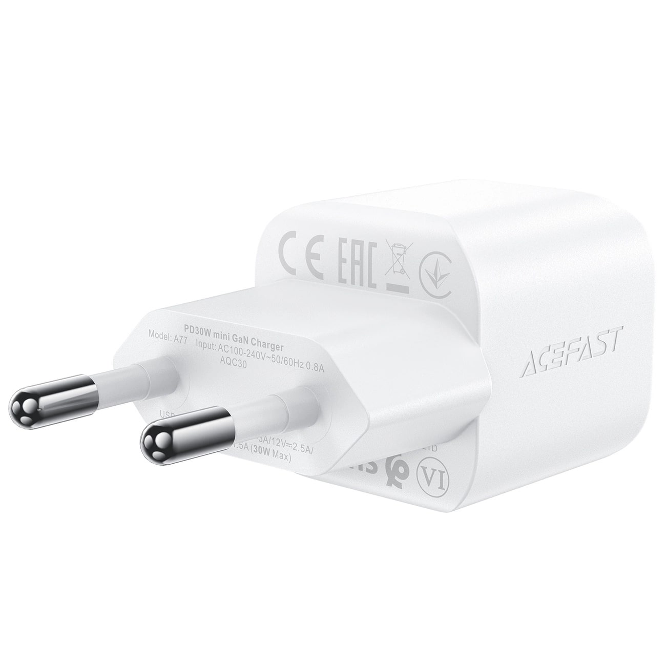 Acefast A77 Mini PD 30W GaN Οικιακός Φορτιστής Γρήγορης Φόρτισης με Θύρα Type-C και Καλώδιο Type-C to Type-C - White