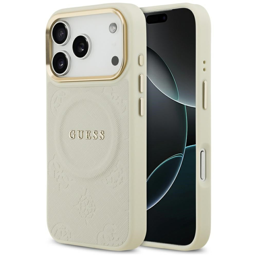 Guess iPhone 17 Pro - Peony Hot Stamp MagSafe - Σκληρή Θήκη με Επένδυση Συνθετικού Δέρματος - Beige - GUHMP17LPSAMSECE