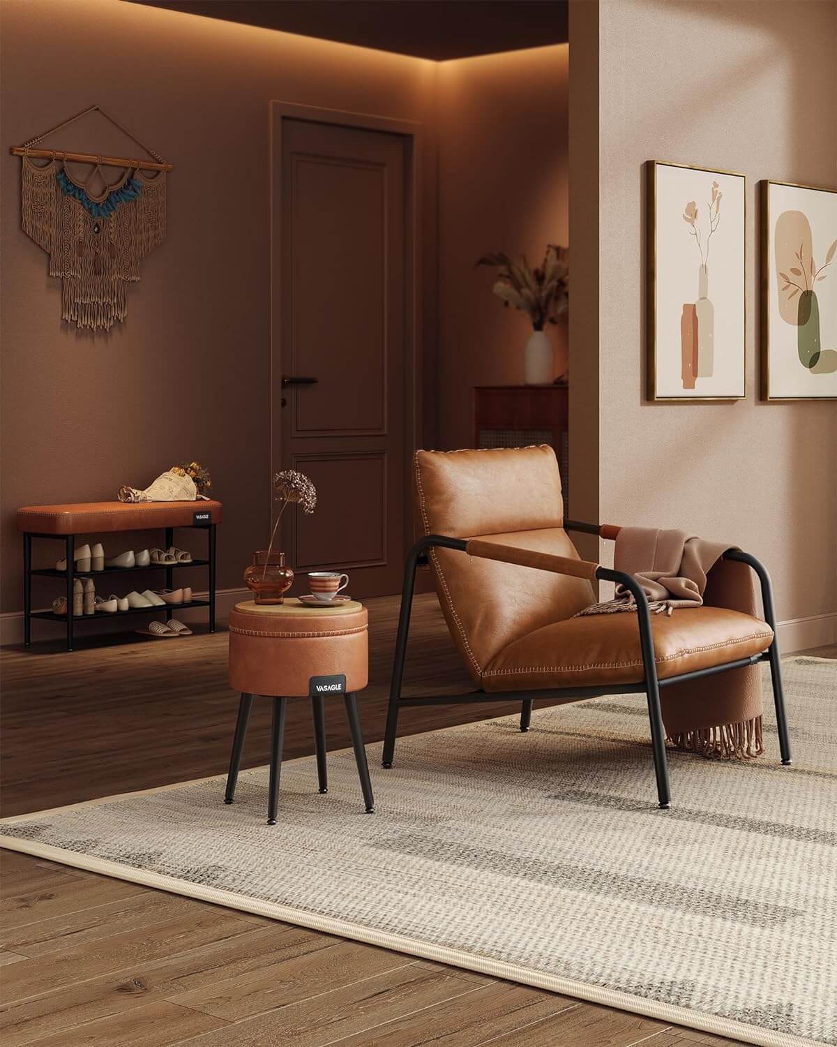 Vasagle EKHO Πάγκος / Σκαμπό με Κάθισμα από Συνθετικό δέρμα και 2 Ράφια - 30 x 80 x 50 cm - Caramel Brown - LSB054K01