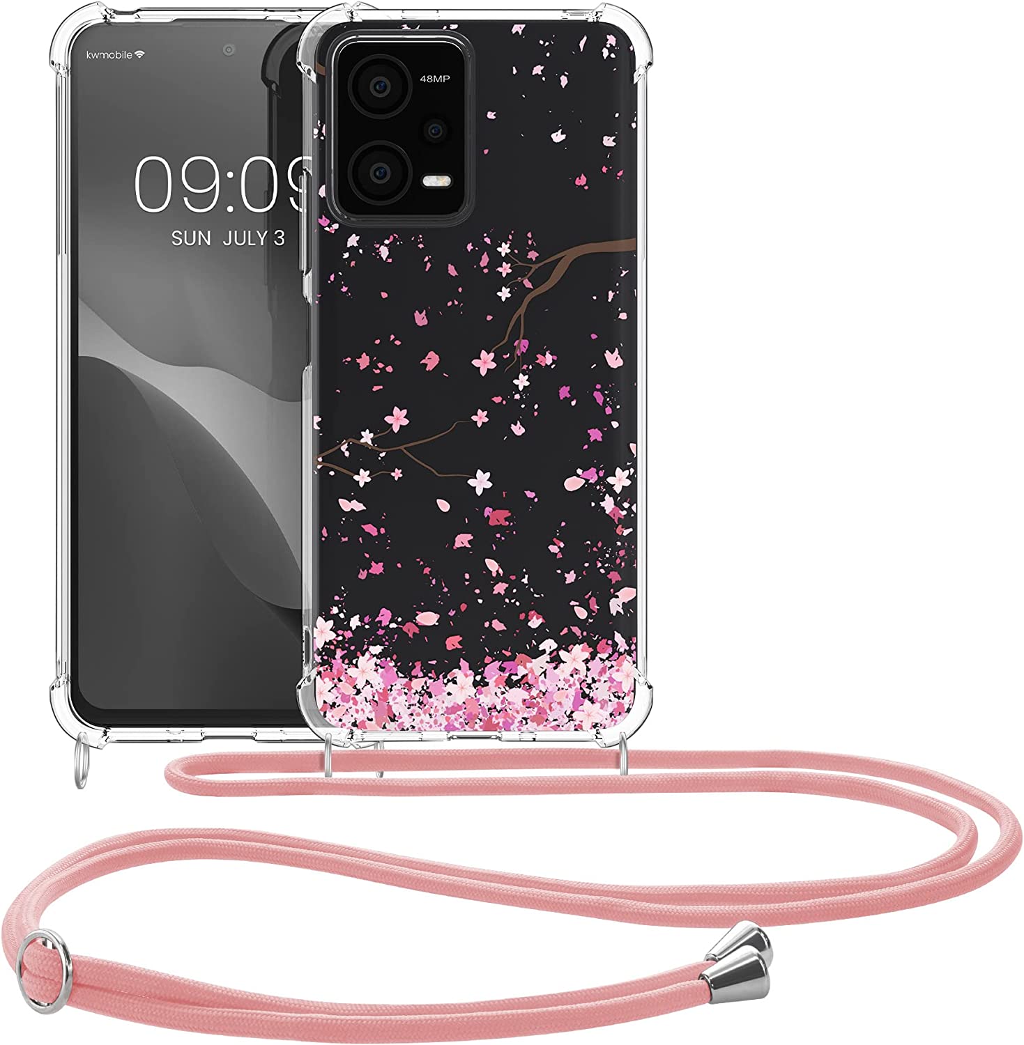 KW Xiaomi Redmi Note 12 5G / Xiaomi Poco X5 5G Θήκη Σιλικόνης TPU με Λουράκι Design Cherry Blossoms - Pink / Dark Brown / Διάφανη - 60892.01