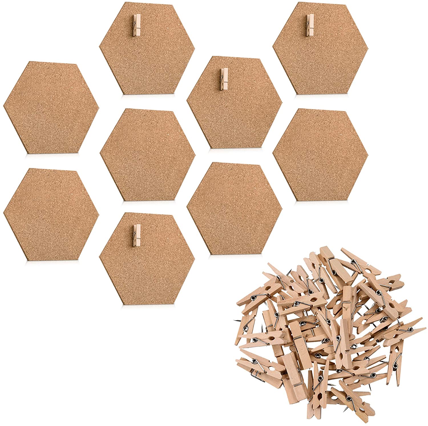 Navaris Cork Pin Board Hexagonal - Σετ με 10 Πίνακες Ανακοινώσεων από Φελλό και 50 Πινέζες - Cork - 53218.10