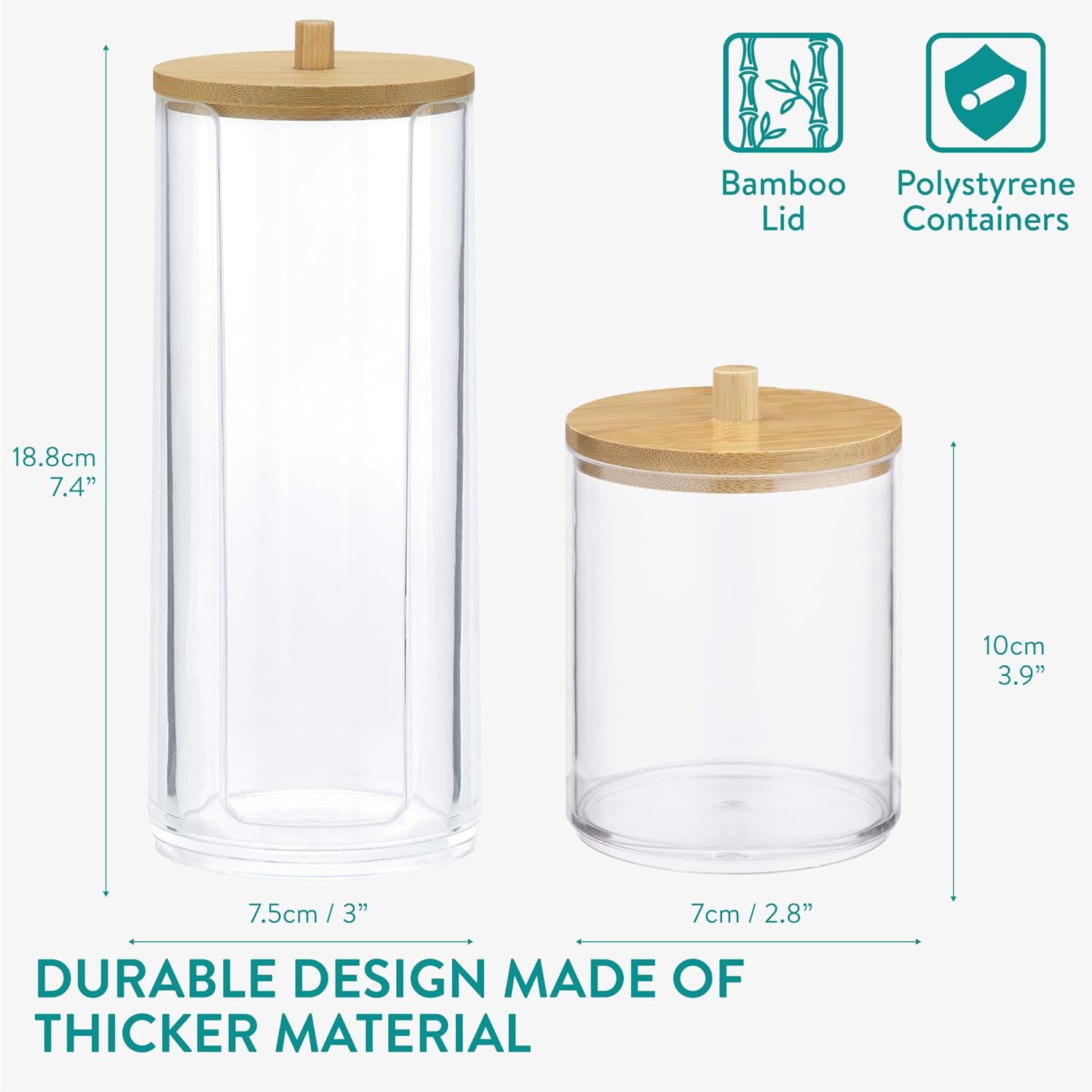 Navaris Σετ με 2 Πλαστικά Δοχεία Αποθήκευσης Αξεσουάρ Μπάνιου με Καπάκι από Μπαμπού - Διάφανα / Light Brown - 59140.03