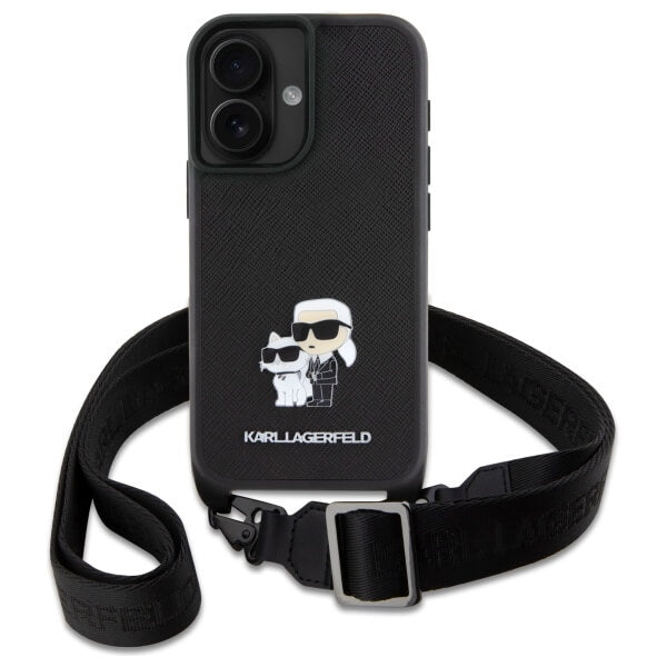 Karl Lagerfeld iPhone 16 - Saffiano Karl and Choupette Metal Pin CBDY Strap - Σκληρή Θήκη με Επένδυση Συνθετικού Δέρματος με Πλαίσιο Σιλικόνης και Λουράκι - Black - KLHCP16SSAKCPBK