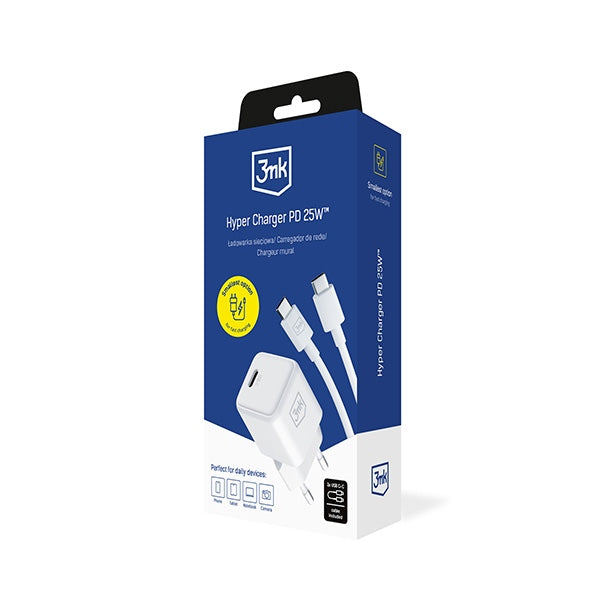 3MK Hyper 25W PD Οικιακός Φορτιστής Γρήγορης Φόρτισης με 1 Καλώδιο Type-C to Type-C - White