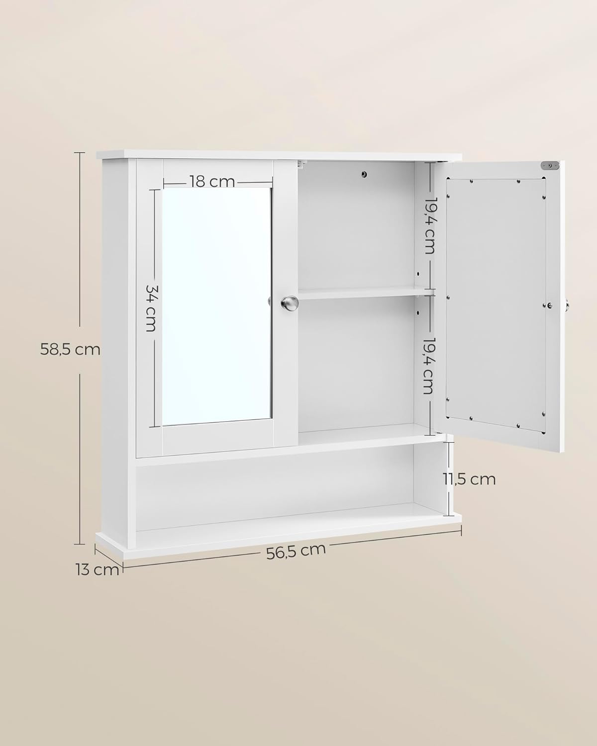 Vasagle Ντουλάπι Μπάνιου με Καθρέφτη και Ράφι - 56 x 58 x 13 cm - White - LHC002