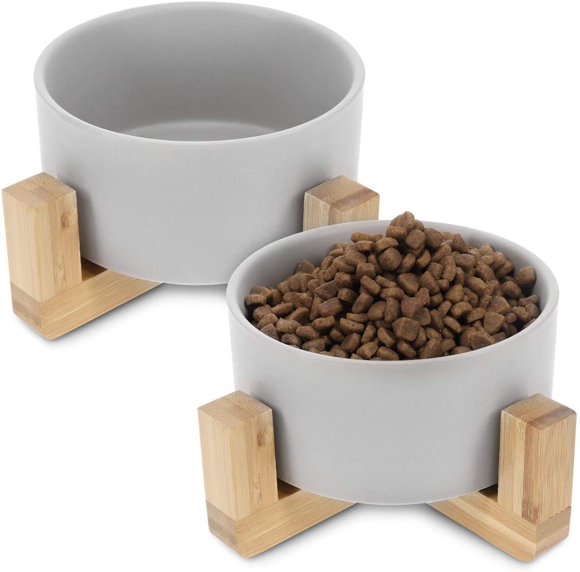 Navaris Cat Bowls with Wood Stands - Σετ με 2 Μπολ Φαγητού και Νερού 550ml με Βάση από Μπαμπού για Κατοικίδια - Grey / Brown - 48350.1.22