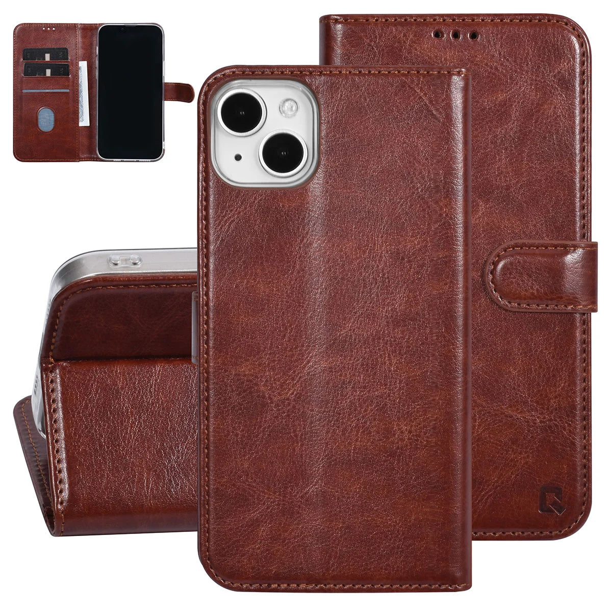 Tuniq iPhone 15 Plus / 14 Plus - Θήκη Πορτοφόλι Stand από Δερματίνη - Καφέ