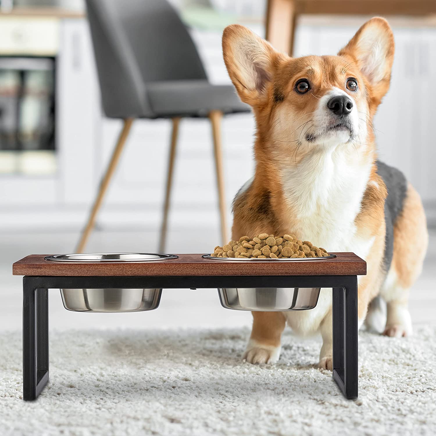 Relaxdays Ξύλινη Βάση από Μάνγκο με 2 Μπολ από Ανοξείδωτο Ατσάλι για Κατοικίδια - 1000 ml - Natural / Black - 4052025373832