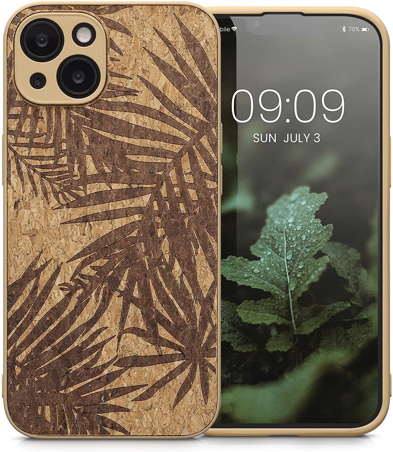 KW iPhone 13 Σκληρή Θήκη από Φελλό με Πλαίσιο Σιλικόνης - Design Palm Leaves - Dark Brown / Light Brown - 58125.01