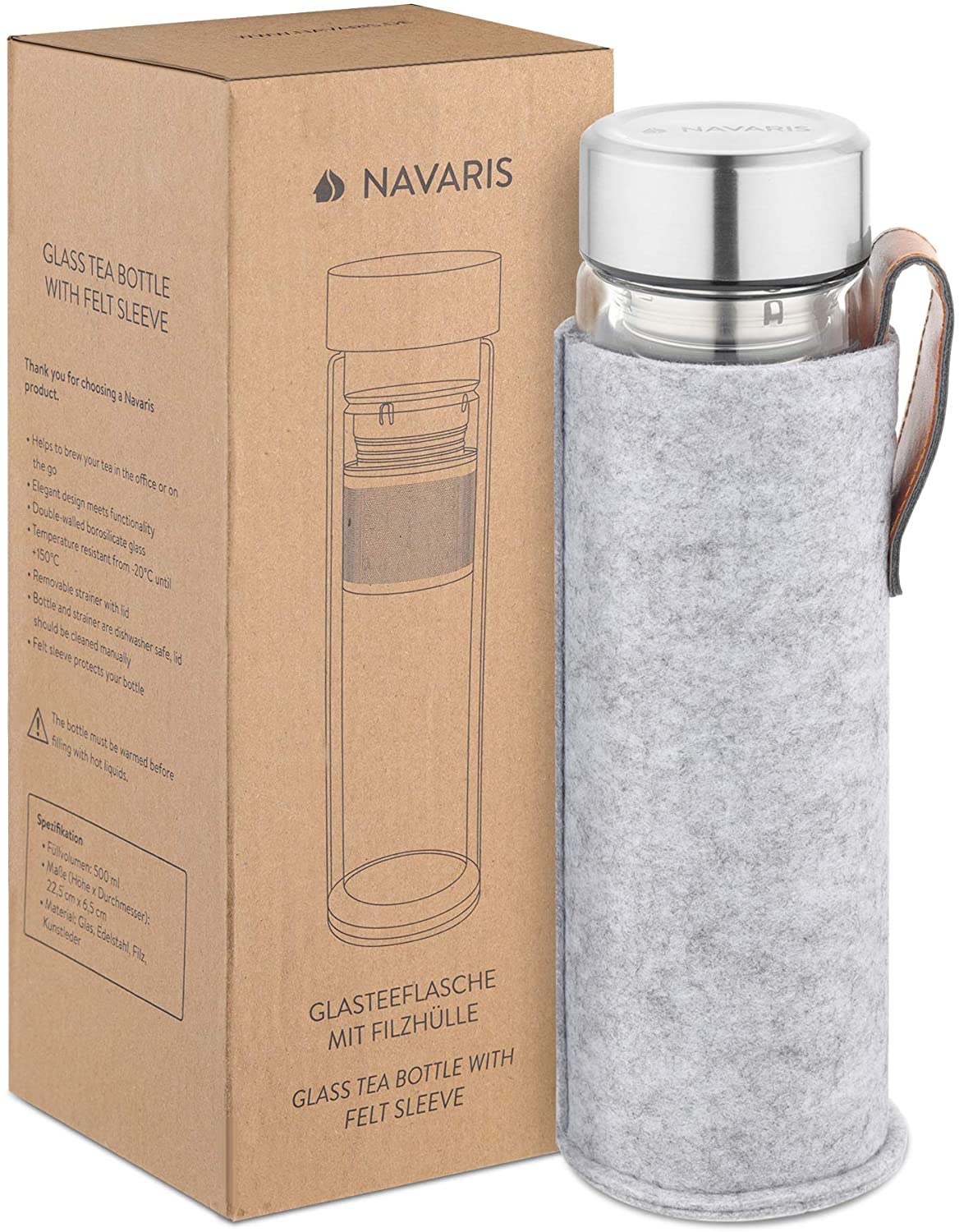 Navaris Γυάλινο Μπουκάλι Τσαγιού με Θήκη μεταφοράς - 500ml - Clear - 52420.2.01
