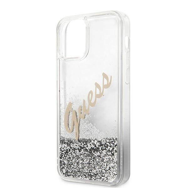 Guess iPhone 12 Pro Max - Glitter Vintage Script Σκληρή Θήκη με Πλαίσιο Σιλικόνης - Silver - GUHCP12LGLVSSI