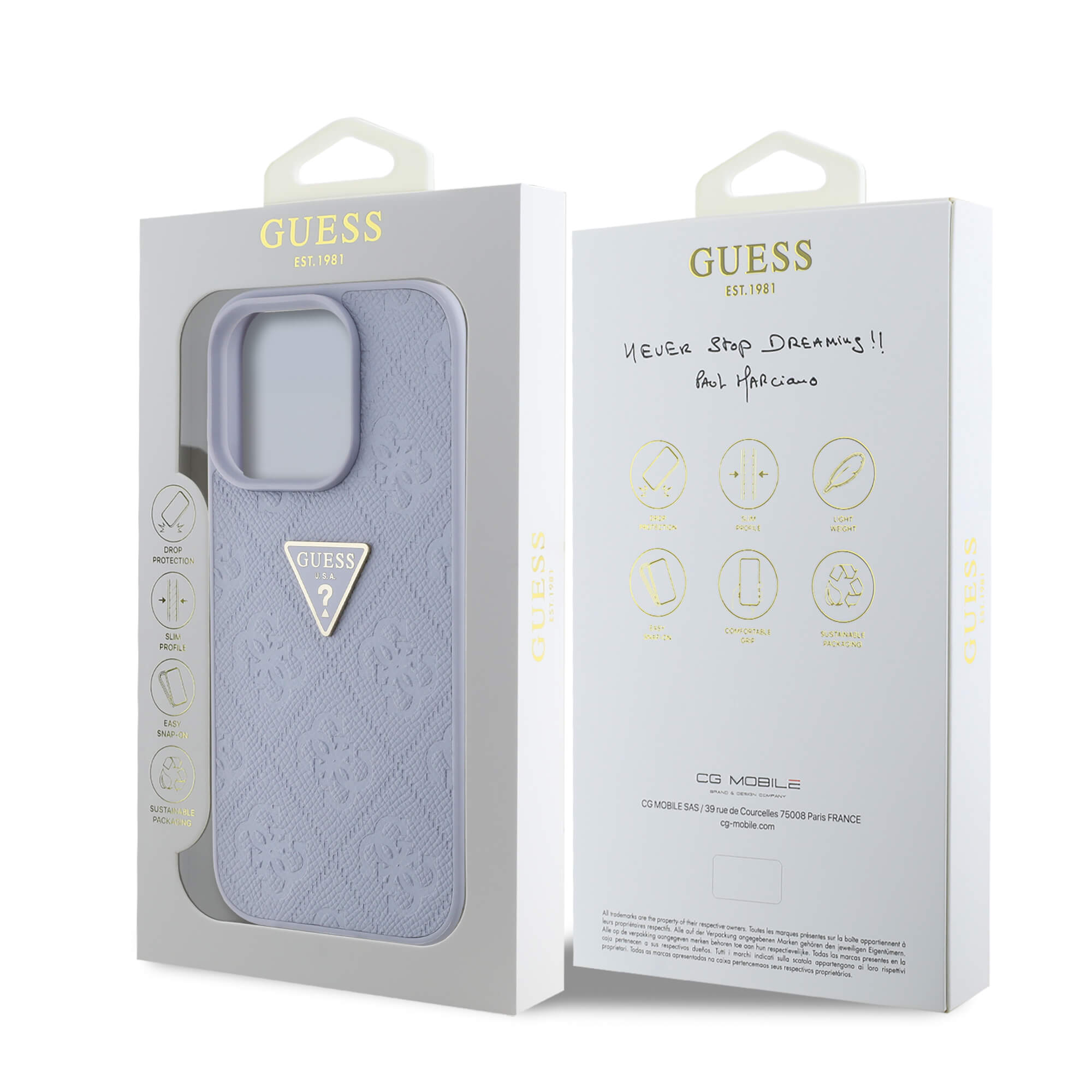 Guess iPhone 16 Pro Max - Hot Stamp 4G Pattern Triangle Metal Logo - Σκληρή Θήκη με Επένδυση Συνθετικού Δέρματος και Πλαίσιο Σιλικόνης - Purple - GUHCP16XPGP4STRU