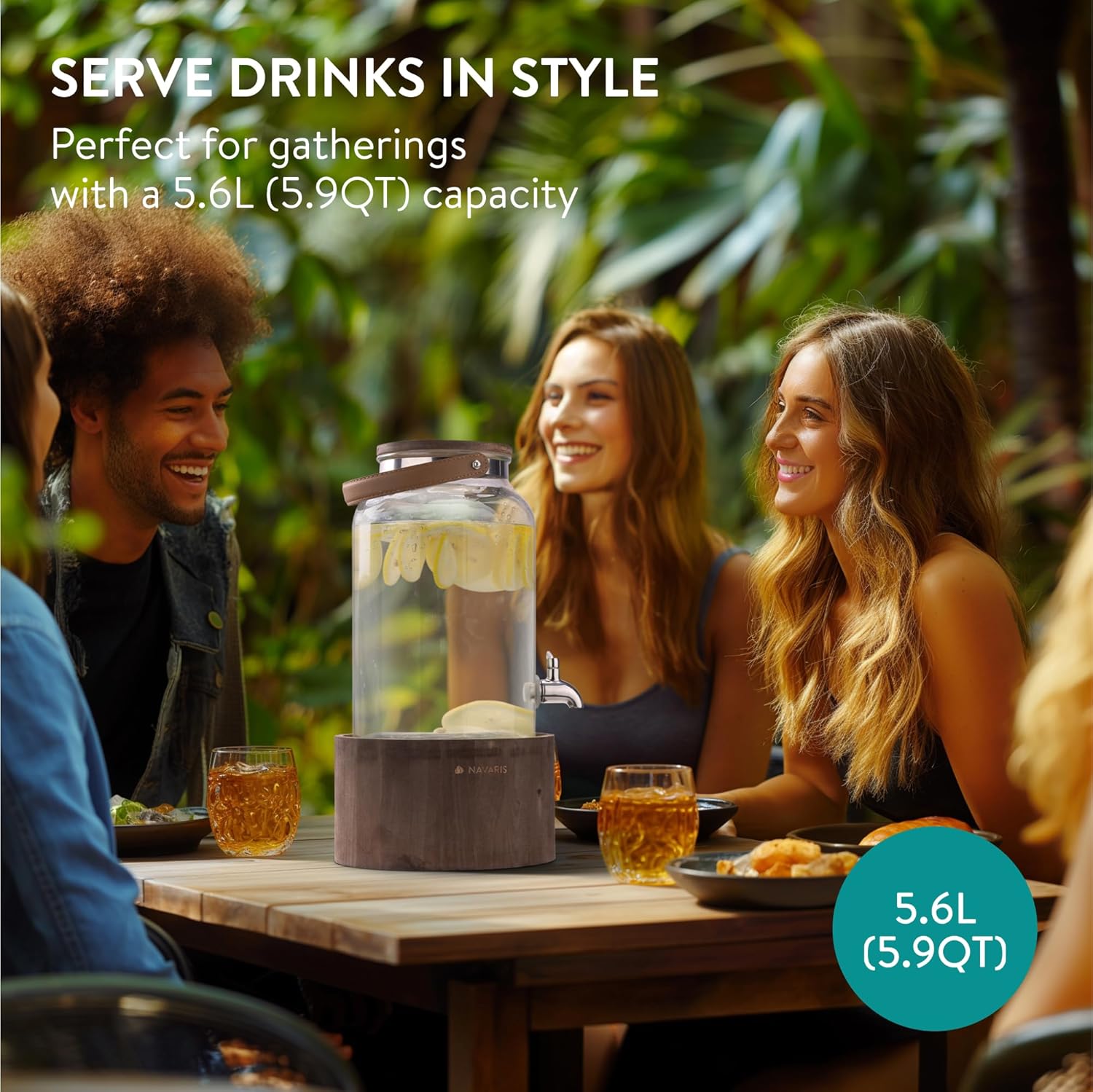 Navaris Γυάλινος Διανεμητής Ποτού με Ξύλινη Βάση και Λαβή - 5.6L - Dark Brown