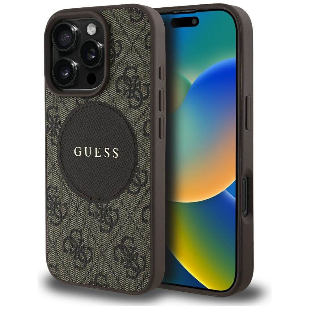 Guess iPhone 16 Pro - 4G Circle Classic Logo - MagSafe Θήκη με Επένδυση Συνθετικού Δέρματος - Brown - GUHMP16LP4PGRSGW