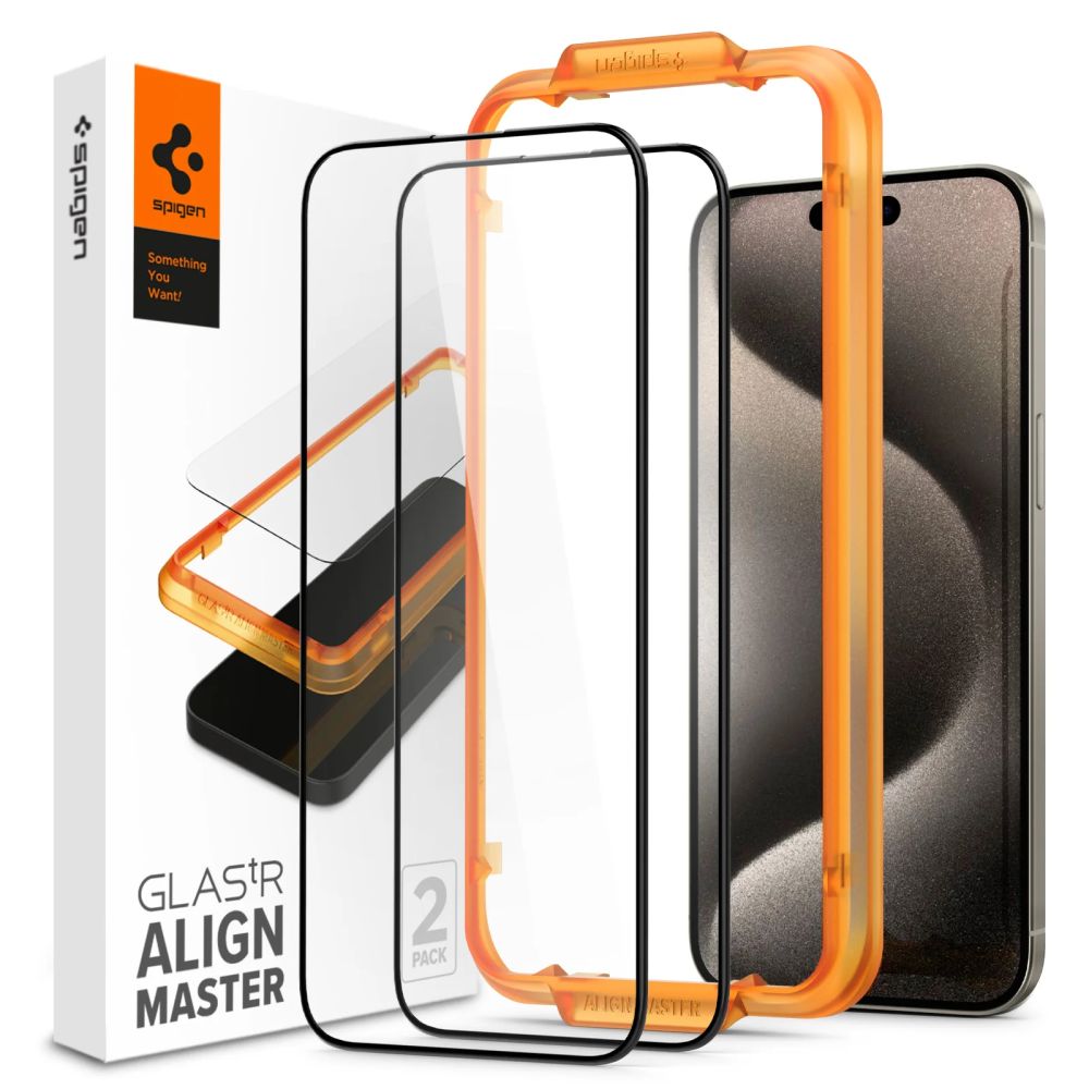 Spigen iPhone 15 Pro Max FC AlignMaster 2.5D Full Screen Case Friendly Tempered Glass Αντιχαρακτικό Γυαλί Οθόνης 9H - 2 Τεμάχια - Black