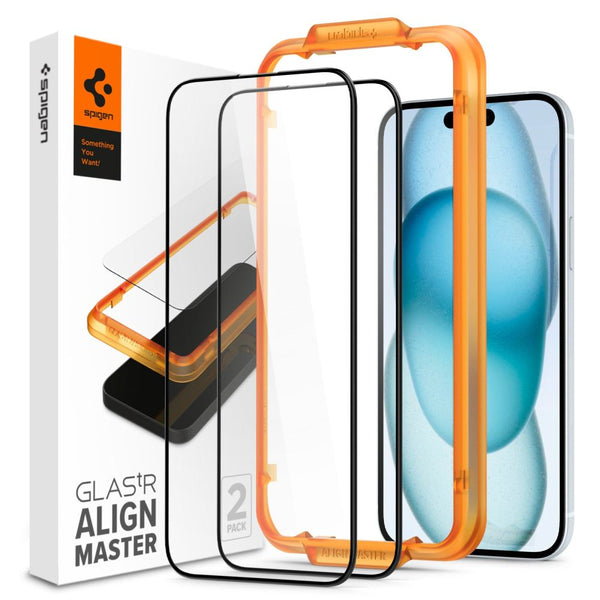 Spigen iPhone 15 FC AlignMaster 2.5D Full Screen Case Friendly Tempered Glass Αντιχαρακτικό Γυαλί Οθόνης 9H - 2 Τεμάχια - Black - likebrands.gr
