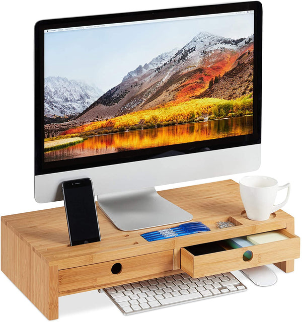 Relaxdays Ξύλινη Βάση Στήριξης Οθόνης με 2 Συρτάρια - Natural - 4052025257019 - likebrands.gr