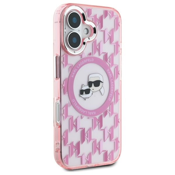 Karl Lagerfeld iPhone 16 - IML Monogram Karl and Choupette Head - MagSafe Σκληρή Θήκη με Πλαίσιο Σιλικόνης - Pink - KLHMP16SHMCKMHP