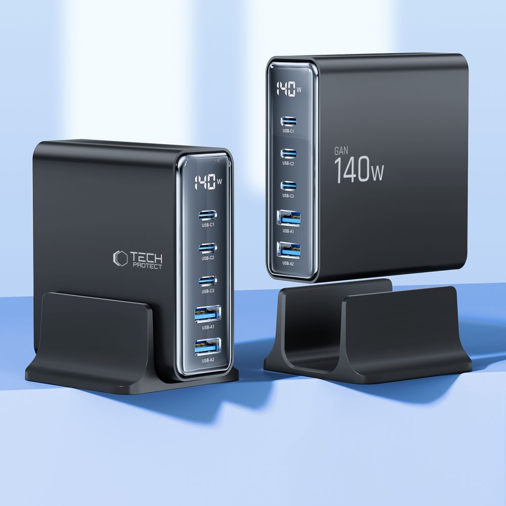 Tech-Protect DC140W-GAN Σταθμός Φόρτισης με 2 Θύρες USB και 3 Θύρες Type-C - PD140W/QC3.0 - Black