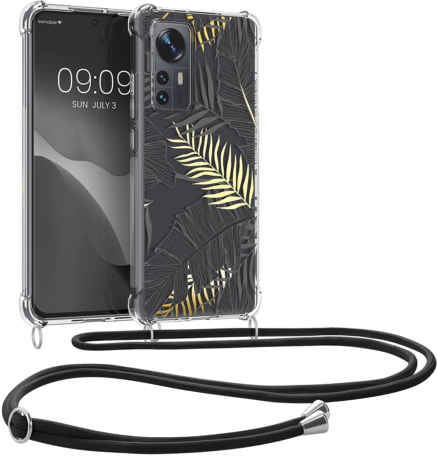 KW Xiaomi 12 / 12X Θήκη Σιλικόνης TPU με Λουράκι Design Palm Leaves - Yellow / Grey / Διάφανη - 58199.02