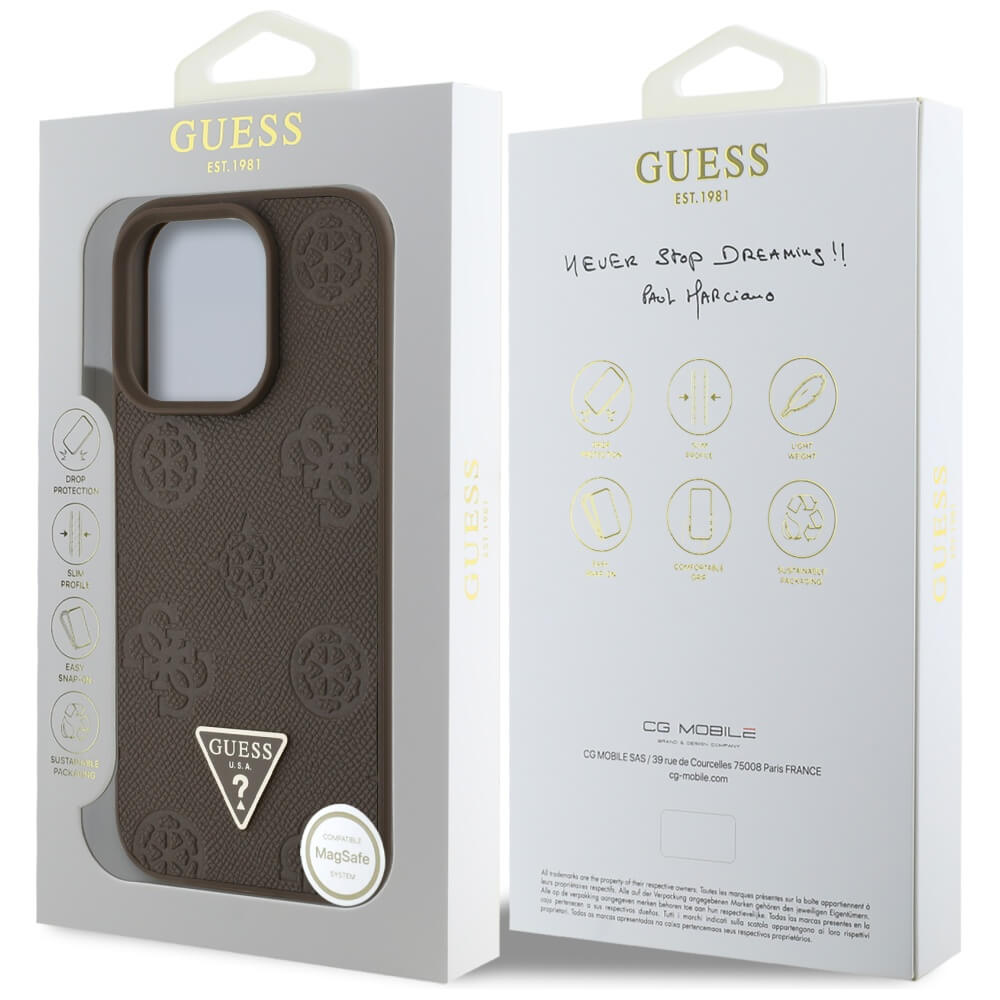Guess iPhone 16 Pro - Grained Hot Stamp Peony Triangle Logo - MagSafe Σκληρή Θήκη με Επένδυση Συνθετικού Δέρματος - Brown - GUHMP16LPGBTMW