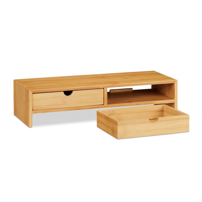 Relaxdays Ξύλινη Βάση Στήριξης Οθόνης με 2 Συρτάρια - Natural - 4052025246051