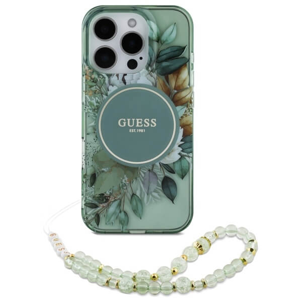 Guess iPhone 16 Pro Max - IML Flowers With Pearl Strap MagSafe - Σκληρή Θήκη με Πλαίσιο Σιλικόνης και Λουράκι - Green - GUHMP16XHFWBRCESN