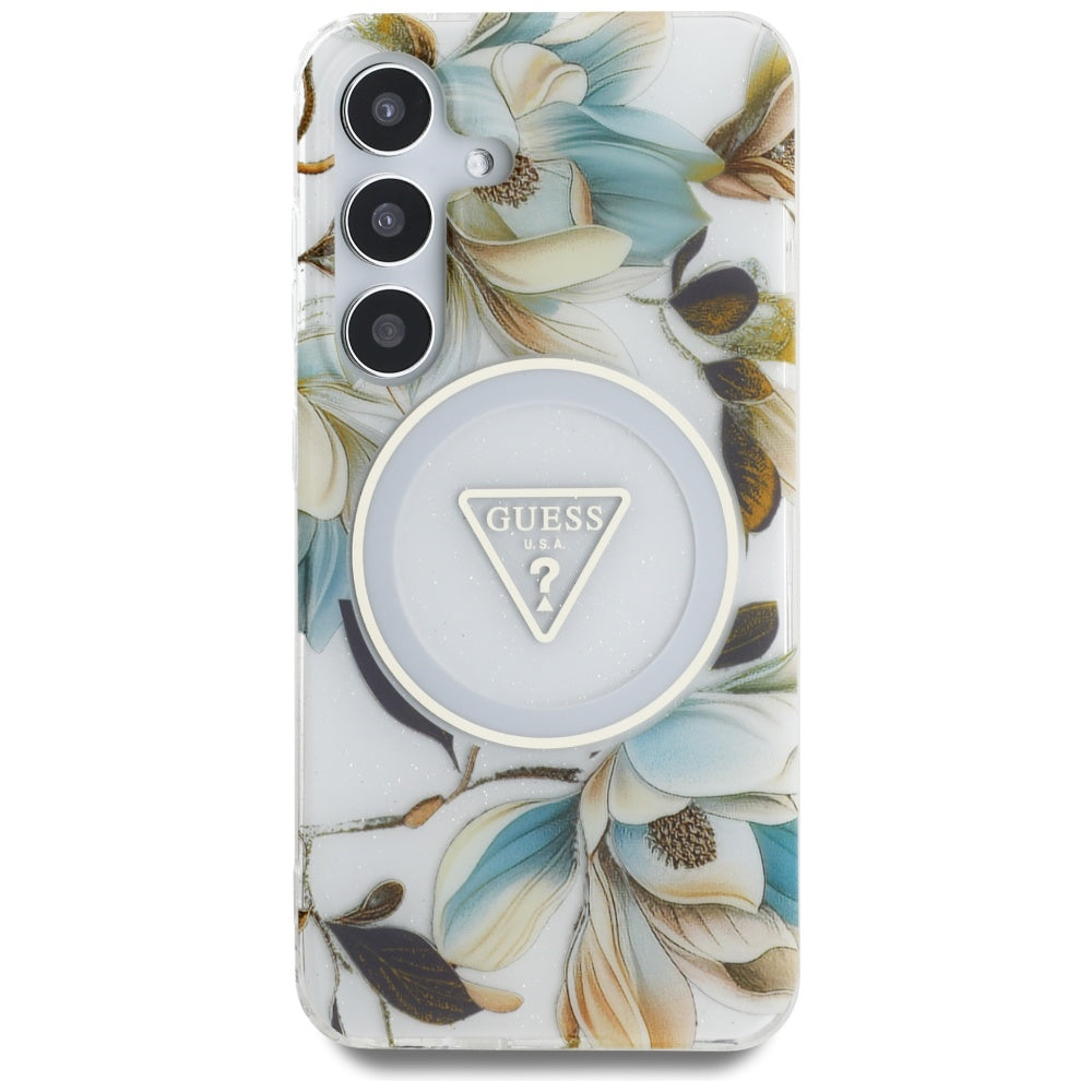Guess Samsung Galaxy S25 - Glitter Flowers Triangle Buttons MagSafe - Σκληρή Θήκη με Πλαίσιο Σιλικόνης - White - GUHMS25SHFLPEDH
