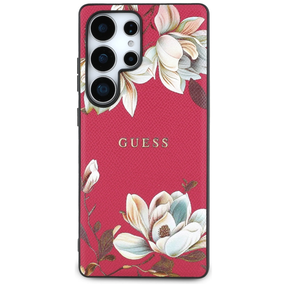 Guess Samsung Galaxy S25 Ultra - Grained Printed Flower Pattern - Θήκη με Επένδυση Συνθετικού Δέρματος και MagSafe - Fuchsia - GUHMS25LPGNMPLMF