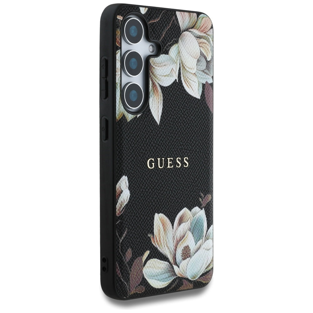Guess Samsung Galaxy S25 - Grained Printed Flower Pattern - Θήκη με Επένδυση Συνθετικού Δέρματος και MagSafe - Black - GUHMS25SPGNMPLMK