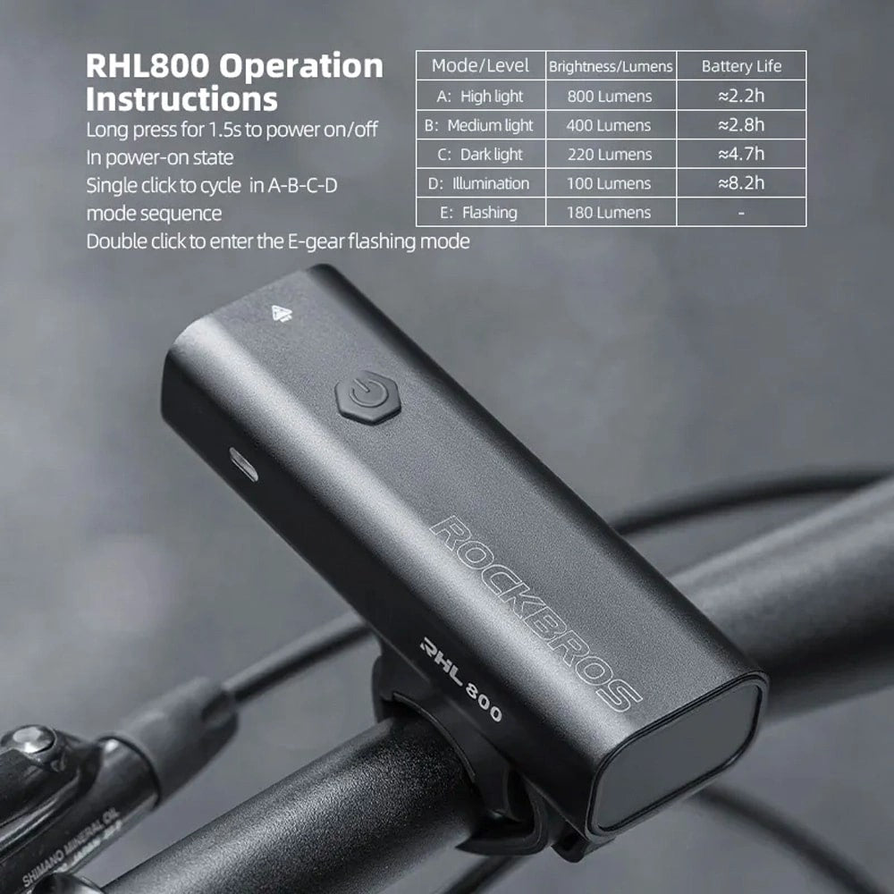 Rockbros 24710012001 Μπροστινό Φως Ποδηλάτου 800lm με Καλώδιο Φορτιστής Type-C to USB - Black